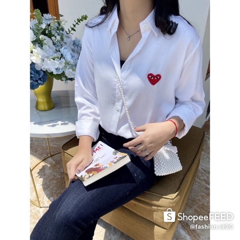 KEMEJA WANITA CDG PLAY NO MORE BAHAN KATUN PREMIUM KUALITAS IMPORT HITAM PUTIH LOVE FASHION MUSLIM K