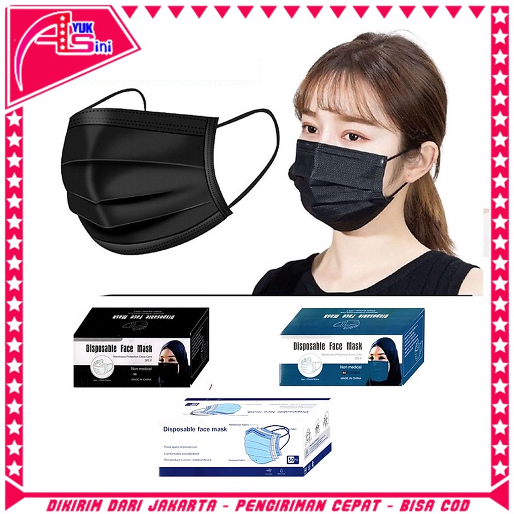 Jual AS Masker Earloops Hitam 3 Ply Isi 50 Pcs Box Disposable Mask ...