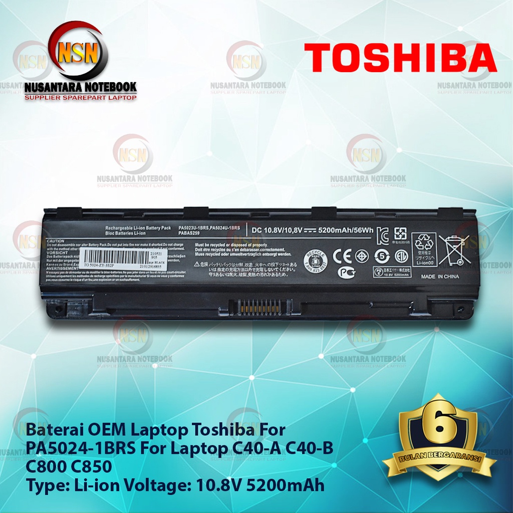 Baterai OEM Toshiba PA5024-1BRS For Laptop C40-A C40-B C800 C850