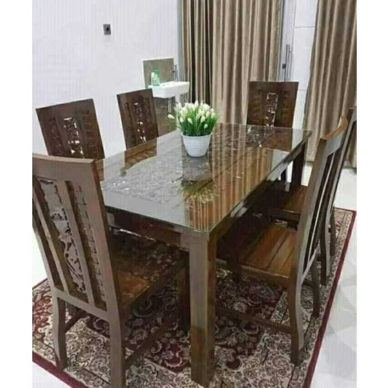 Meja makan jati motif anyam dan kaca