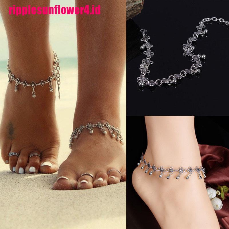 1pc Gelang Kaki Silver Antik Dengan Hiasan Lonceng Kecil Untuk Wanita