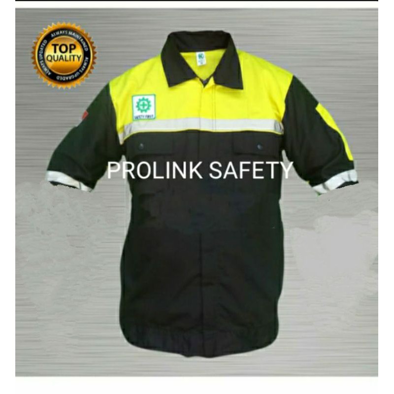 SERAGAM SAFETY LENGAN PENDEK KUNING DONGKER GELAP HITAM RESLETING FREE LOGO K3 BENDERA