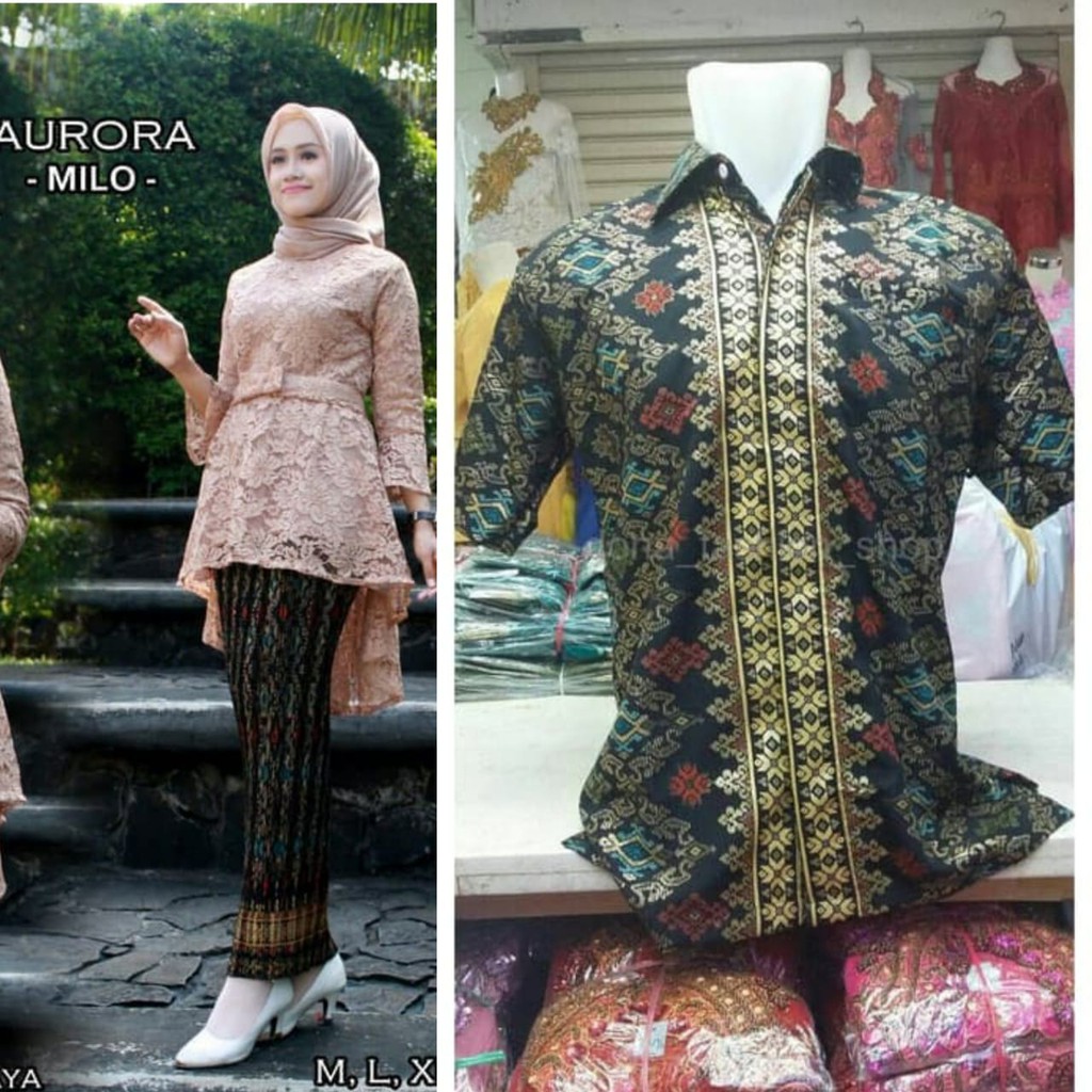 Couple Set Kebaya Brukat Aurora Hem Batik Lengan Pendek Trendy