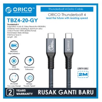 Usb-c thunderbolt 3 4 to type-c cable orico 2m charge data sync 40Gbps 8k 4k 60hz pd 100w usb 4.0 tbz4-20