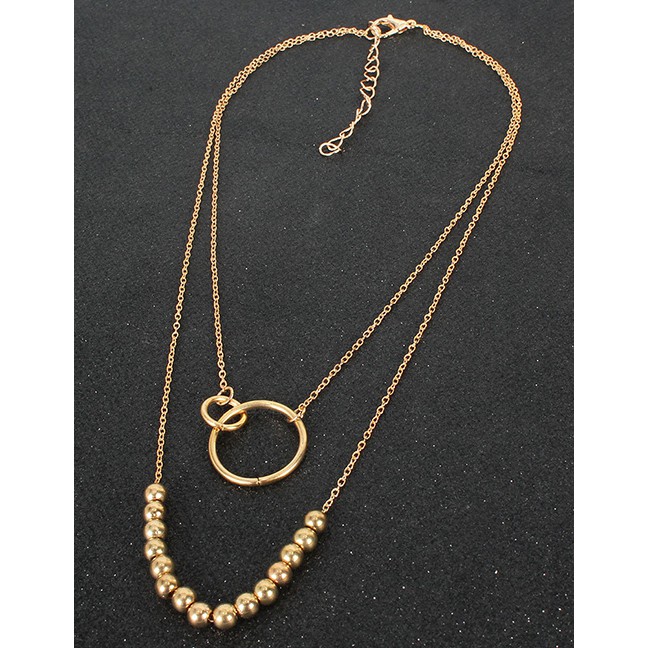 LRC Kalung Fashion Gold Color Round Bead Chain Ring Pendant Multilayer Necklace P09934