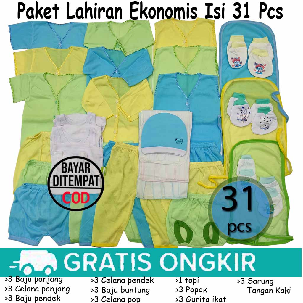 Paket Ekonomis 31pcs Perlengkapan Bayi Laki Perempuan Setelan Baju Celana Popok Gurita Newborn Gift