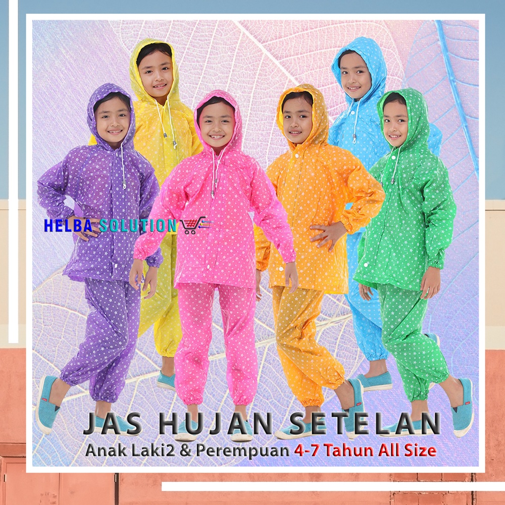 Jas Hujan Anak Perempuan Laki Laki TK SD Mantel Hujan Setelan Celana Anak Cowok Cewek Motif All Size