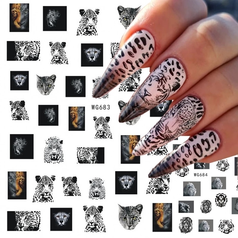 1 Sheet Pack 3D Leopard Geometric Line Animal Nail Art Stickers / Colorful Flower Tiger Lion Pattern Paper Nails Stickers / Water Transfer Nail Decal / Manicure Art Decorations / DIY Nail Makeup Tools