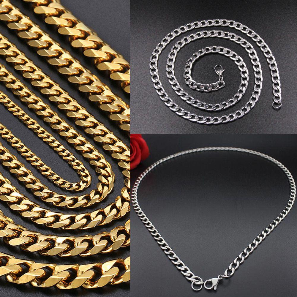 Kalung Choker Rantai Kuba Warna Emas Perak Ukuran 3 / 4 / 5 / 7 / 9 MM Gaya Punk Gothic