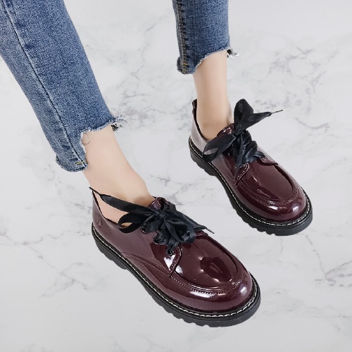 fakhrieshop- SEPATU WANITA LOAFERS BOOTS MAROON GLOSY (free 2 tali) AD 02