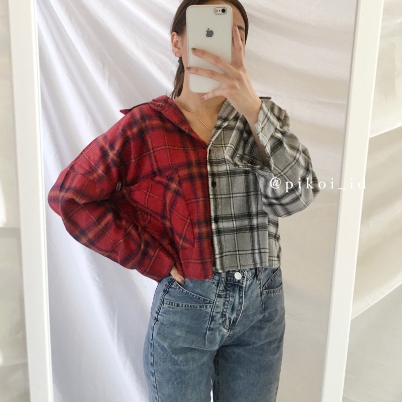 Kemeja flanel crop top kotak kotak kasual / kemeja kotak crop / kemeja crop wanita lengan panjang 46