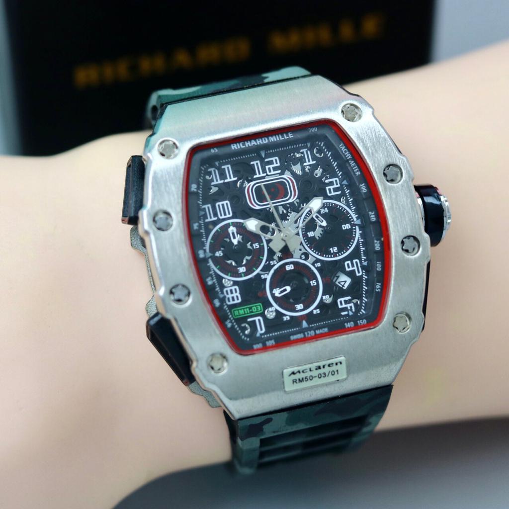 JAM TANGAN PRIA RM MCLAREN 50-30/01 ANALOG RUBBER CRONO TANGGAL AKTIF DIAMETER 4,3 CM + BOX EXCLUSIV