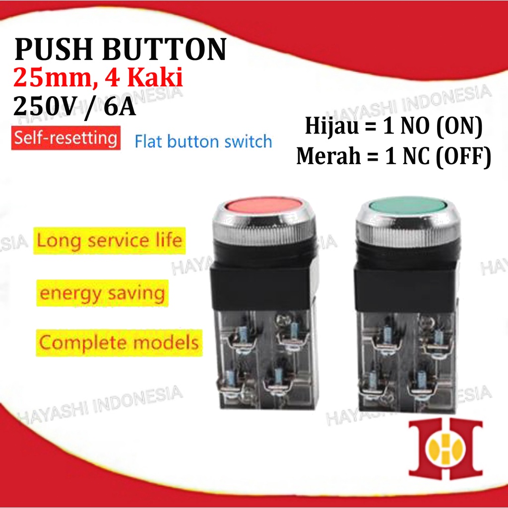 Push Button TAB 25MM PB2501 PB2511 2 4 Kaki Tombol On Off Merah Hijau