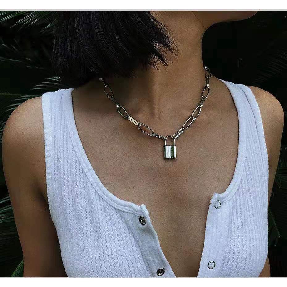 [ACKER] Rock Choker Lock Collar Layered Chain Dengan Kunci Punk Mujer Perhiasan Kunci Gembok Liontin Kalung