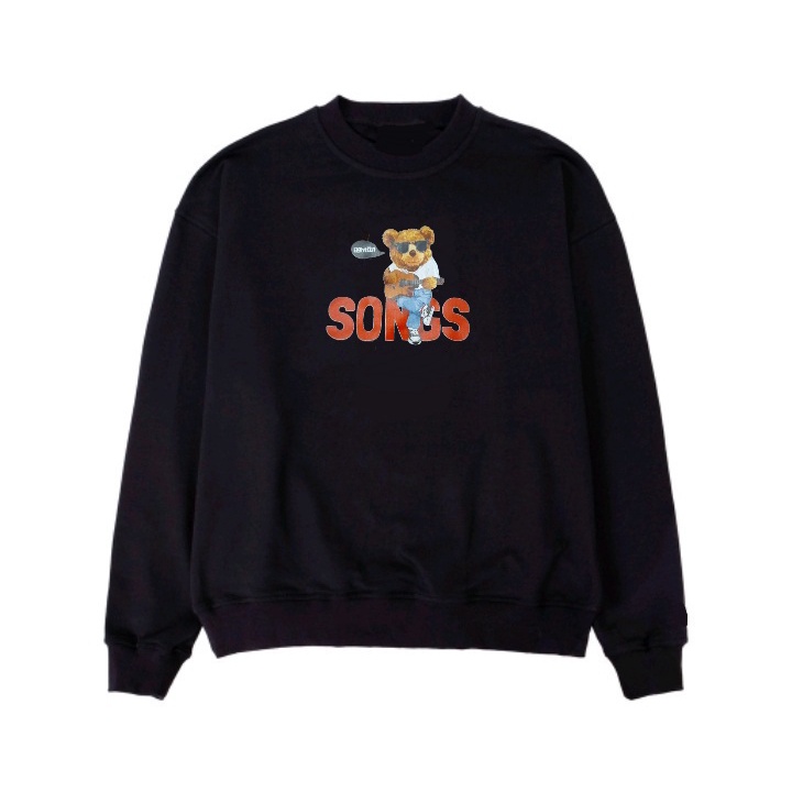 Sweater Crewneck Gambar Boneka Beruang Teddy Bear Bermain Gitar Songs Sablon DTF