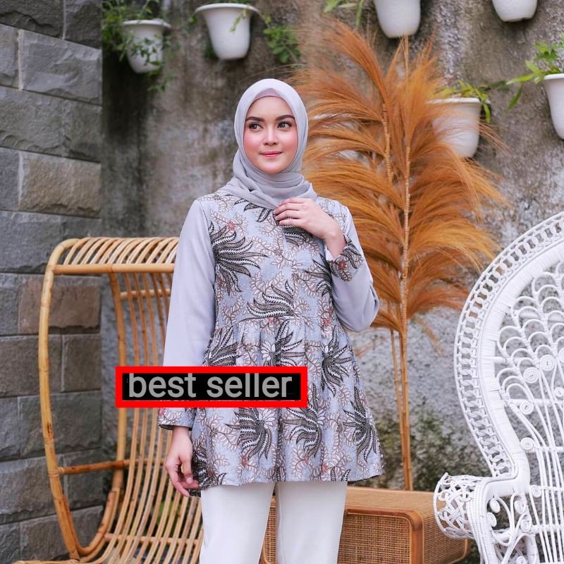 tey-17 Batik wanita ASJ SA HRB026 Kenongo Kemeja Tosca Pendek-Sonia Pisang Abu