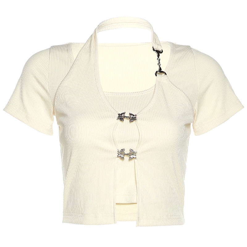 Red Musim panas New Sweet Cool Windy Lengan Pendek Desain Kecil Terasa Meninggalkan Dua Potongan Kalung Chain Slim Fit Top Ins