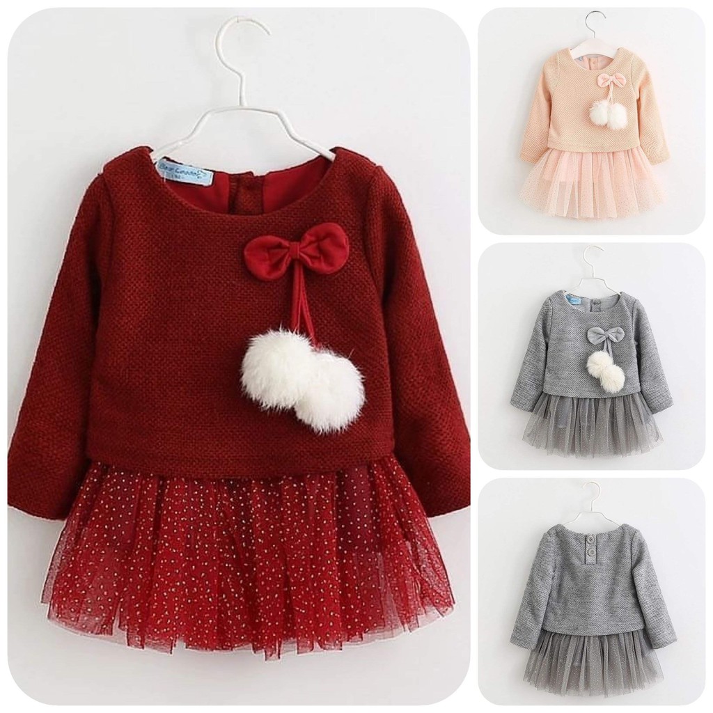 Baju Dress Gaun Pesta Anak Bayi Perempuan Import Tule Tutu Rajut Bulu