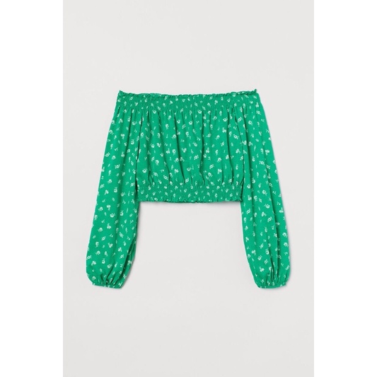 blouse crop top sabrina off shoulder hijau motif bunga summer import