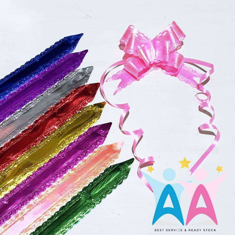 

PROMO!! Pita Serut Tarik METALIK 32mm Panjang 51cm Renda Hiasan Kado