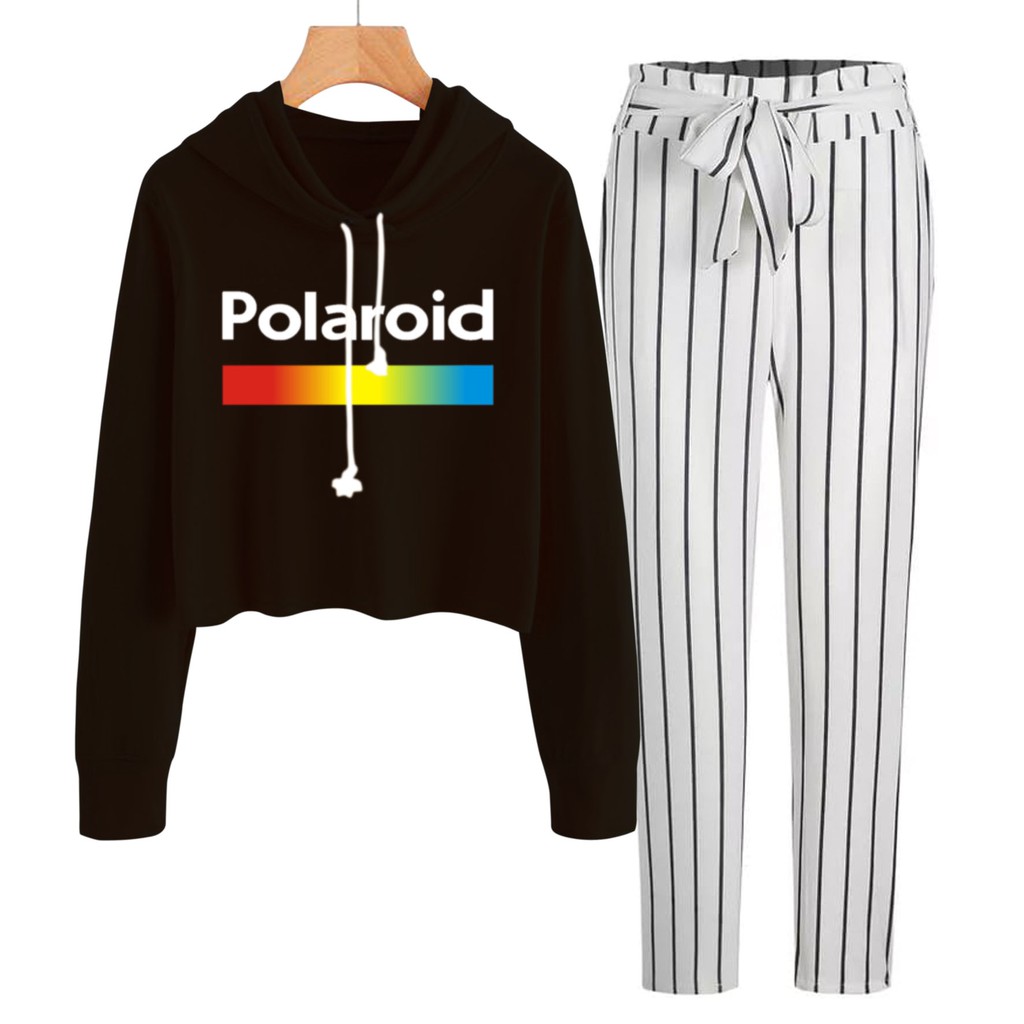 BESS - Baju Setelan Wanita Murah / Setelan Hoodie Crop + Celana Salur Putih - POLAROID