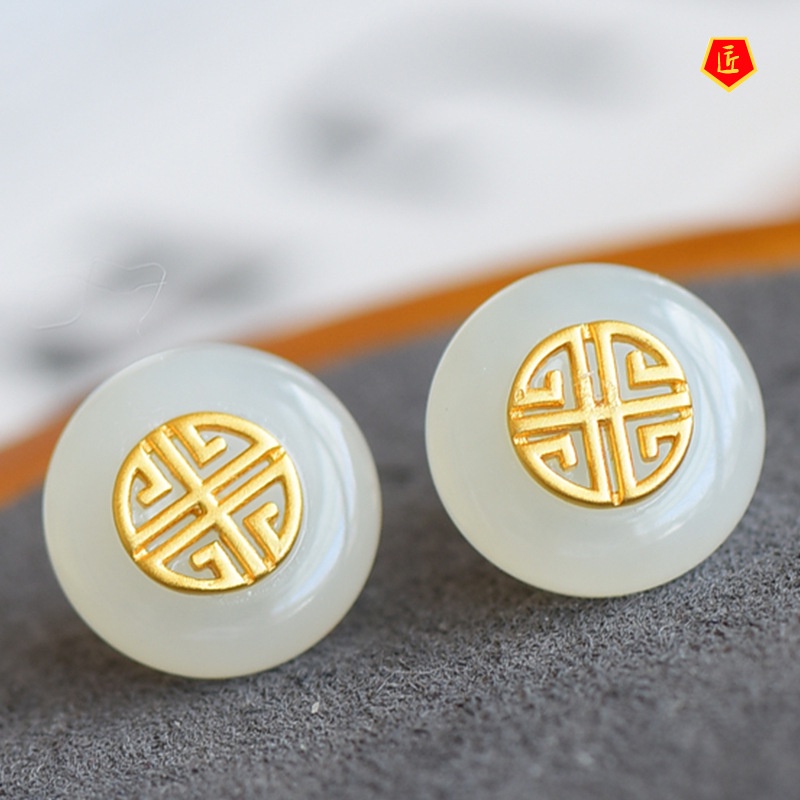 [Ready Stock]Temperament S925 Silver Inlaid White Jade Stud Earrings