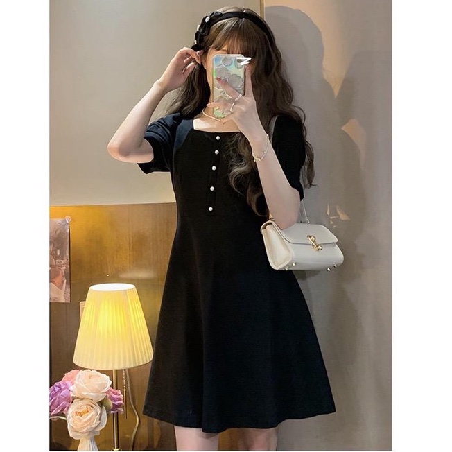 [littlecrab] Dress Hitam Classic With Pearl Squareneck A-Line Simple Elegan Dress Pendek Gaun Pesta Import Modern Berkualitas Korean Style