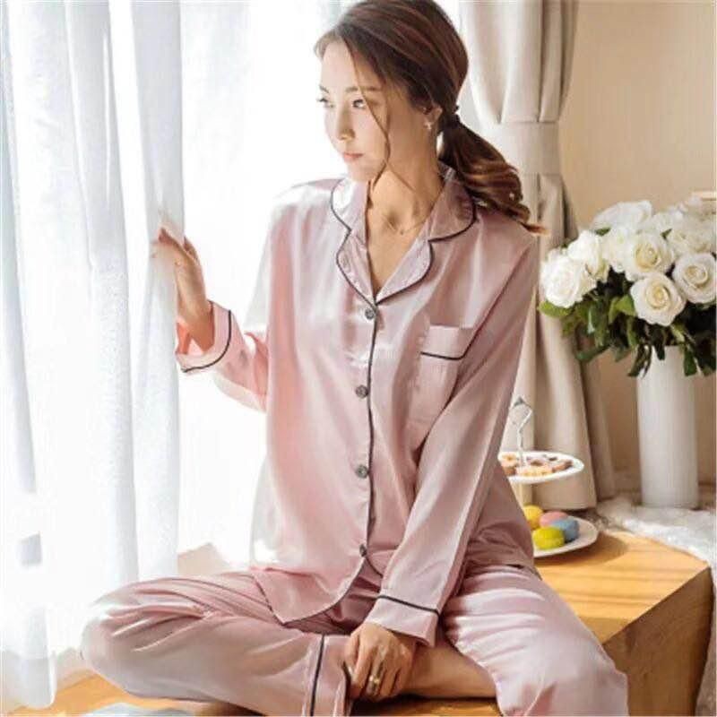 Baju Tidur Satin Basic Setelan Tidur Piyama Pajamas Lengan Panjang Import Polos Murah BestSeller