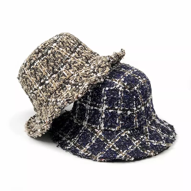 Bucket Hat Wanita Bahan Tweed Topi Bucket