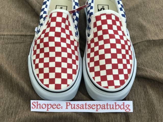 VANS SLIP ON PREMIUM CHECKERBOARD RED BLUE WAFFLE DT