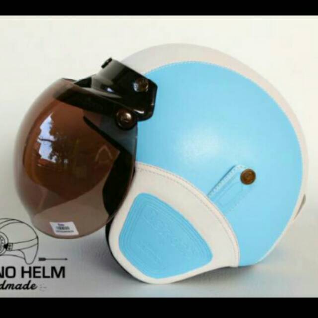 HELM BOGO RETRO KULIT CLASSIC BIRU MUDA PUTIH