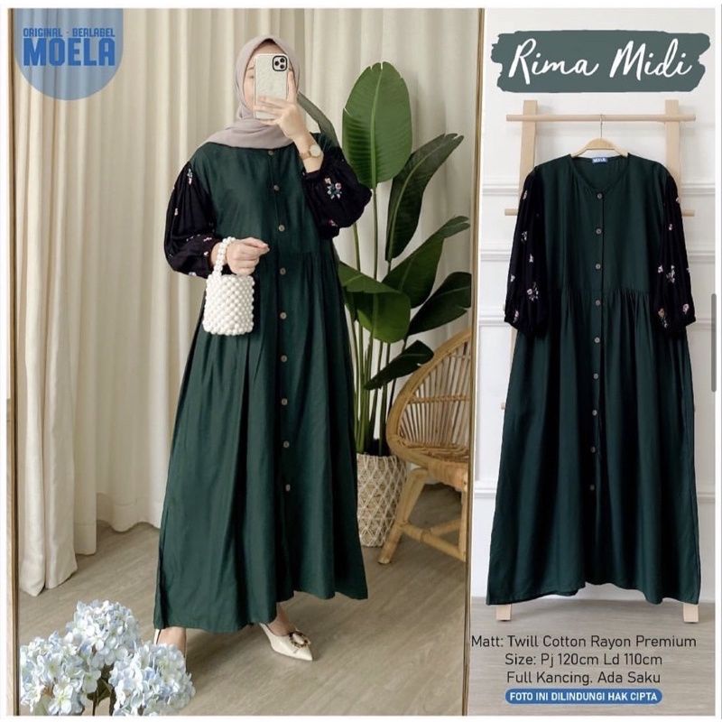 RIMA MIDI DRESS RAYON KOMBINASI BUSUI BUMIL GAMIS HIJAU BOTOL BUNGA DRESS POLOS KANCING OOTD HIJAB