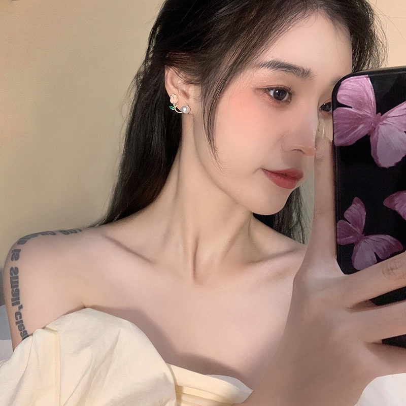 Papaozhu Korea Fashion Emas Mutiara Tulip Stud Anting Untuk Wanita Gadis Manis Pink Bunga Klip Anting-Anting s925 Perak Pertunangan Pernikahan Bunga Telinga Perhiasan