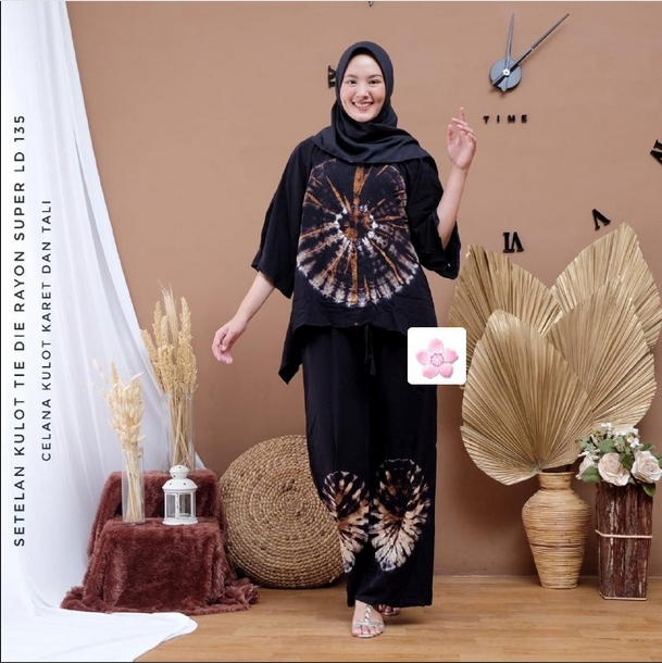 One Set Wanita Jumbo Rayon Premium Setelan Wanita Batik Lengan Panjang Set Celana Kulot Kekinian LD 135 cm