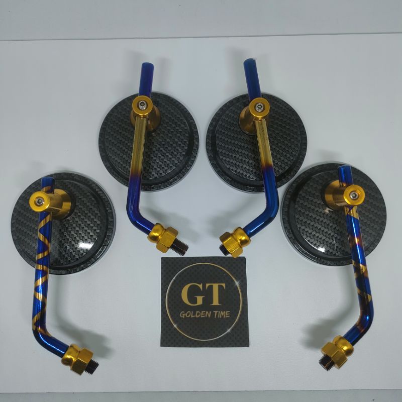 Spion Bentuk Bulat Karbon Gagang Pendek Twotone & Blue X. Kaca Spion Honda Dan Yamaha.