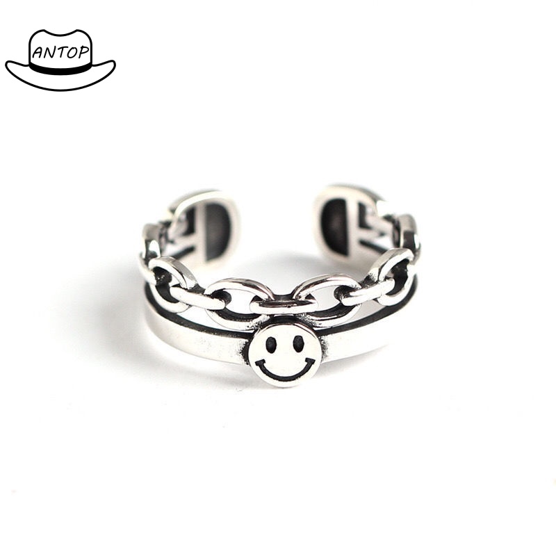 2 Pieces/set of Fashionable Index Finger Female Adjustable Ring Cincin Rantai Desain Wajah Tersenyum Serbaguna ANTOP