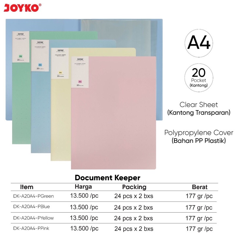 

Document Keeper / Clear Holder A4 20 kantong / Map Kantong DK-A20A4 / Folder / Organizer Plastik warna Pastel ukuran A4 20 pocket Joyko