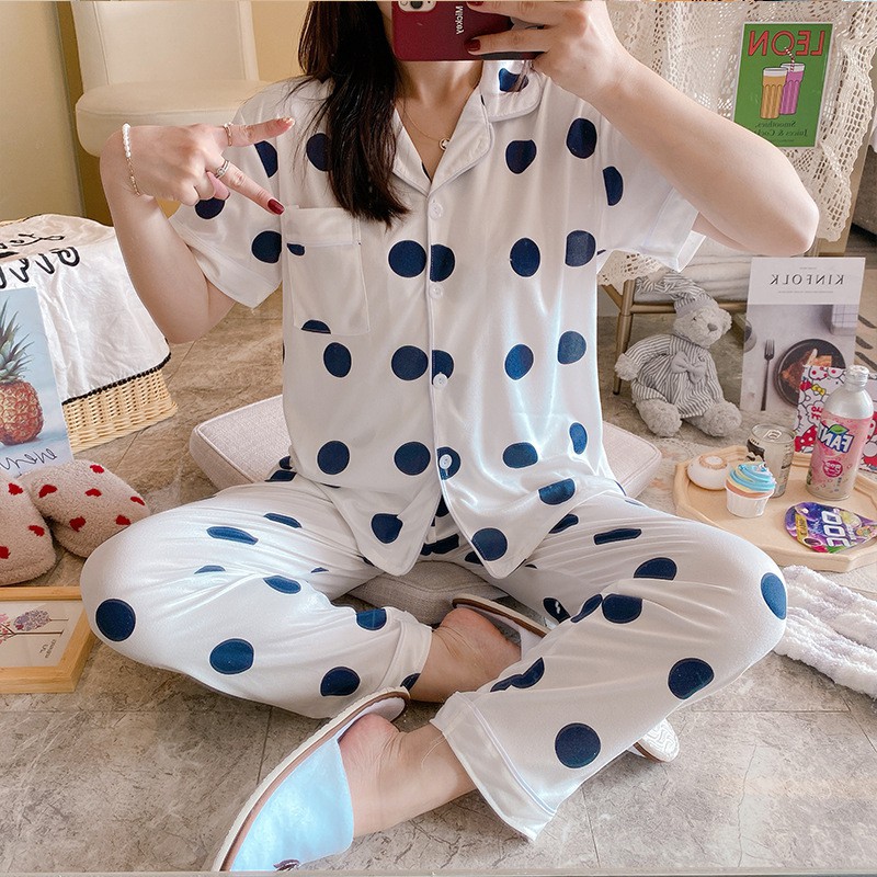 BAJU TIDUR PIYAMA SET KEMEJA CP LENGAN PENDEK CELANA PANJANG IMPORT PREMIUM BANYAK MOTIF 3-PolkaDotBiru