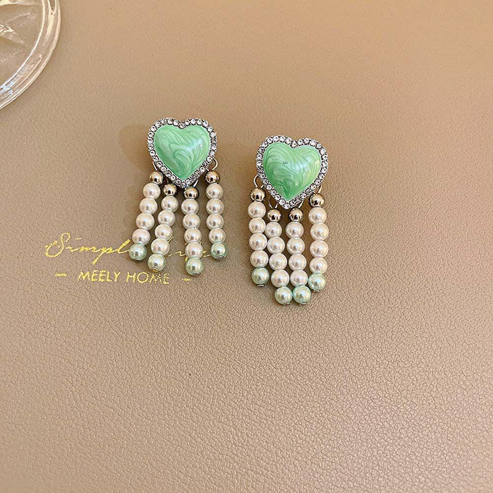 NEEDWAY Mutiara Jantung Anting Perhiasan Fashion Halus Cinta Hati Mutiara Rumbai Berlian Imitasi Drop Earrings Wanita Earrings