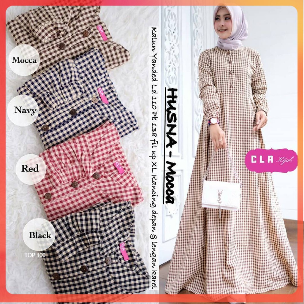 PAKAIAN BUSANA Baju Gamis Wanita PEREMPUAN CEWEK CANTIK KEKINIAN Terbaru - Husna Dress Kotak Kotak S