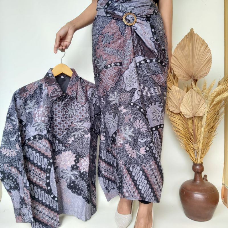 Couple Rok Lilit dan Kemeja Batik Pria Katun Primisima 40S Warna Ungu