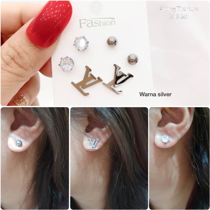 Anting Titanium Asli isi 3 set Premium Quality Anting Set Stainlesssteel ori anti karat anti alergi 882r