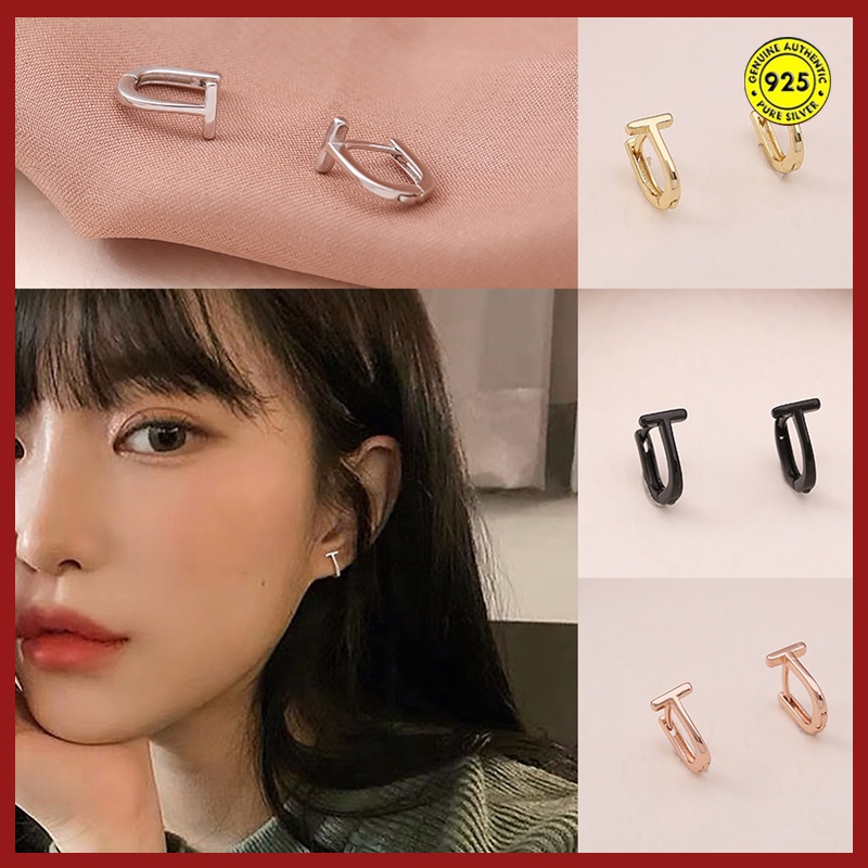 Anting Stud Bentuk T Geometris Bahan S925 Silver Gaya Korea