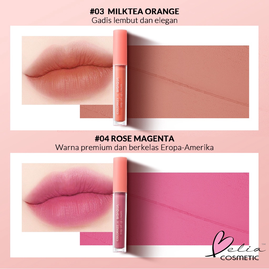 ❤ BELIA ❤ Colorkey X Bioaqua Stay On Lip Cream Matte 6 Colors | Lipstik Matte Lipstik Tahan Lama dan Anti Air Hingga 24 Jam | BPOM