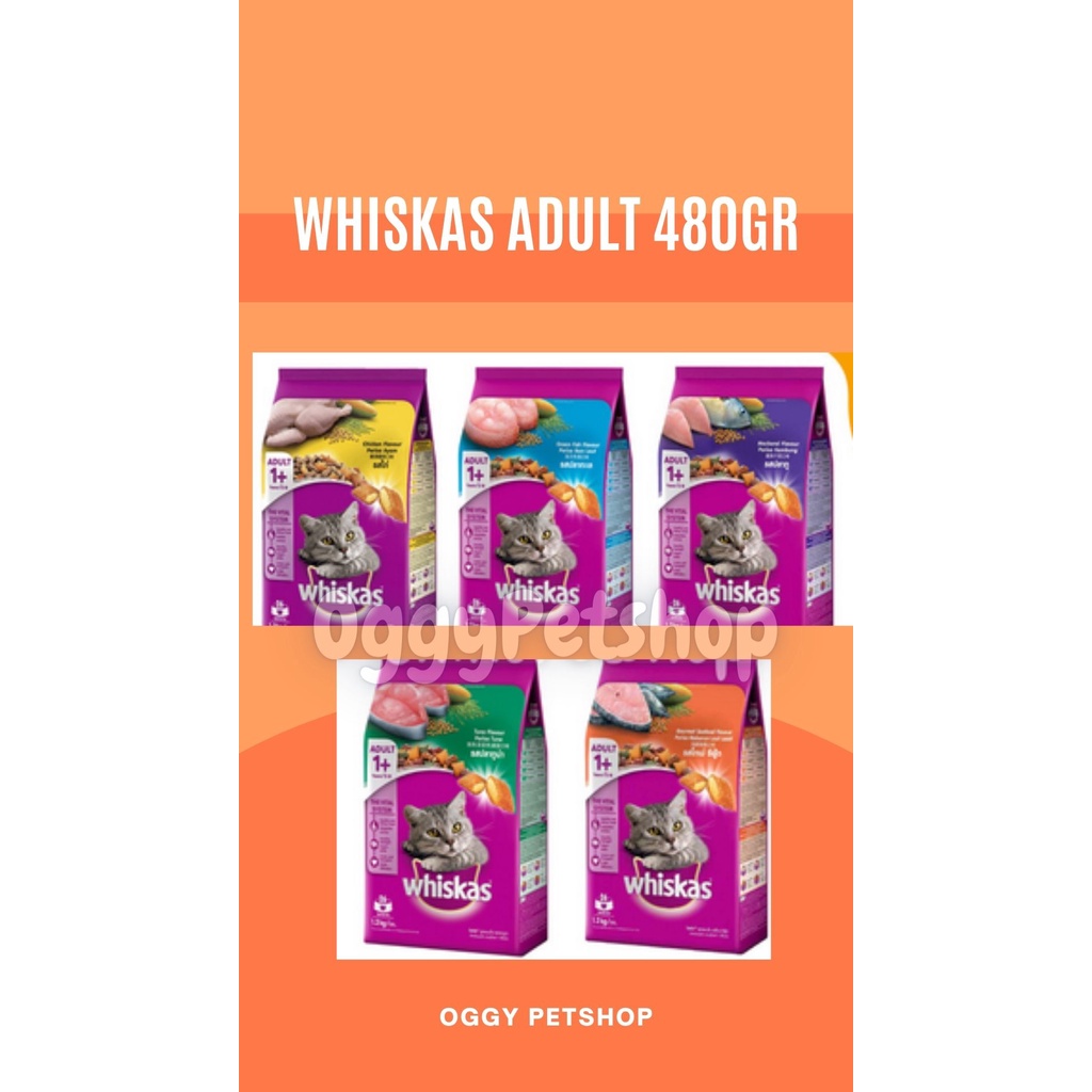 Whiskas Dry Adult 1+ Makanan Kucing Kemasan Freahpack 480gram