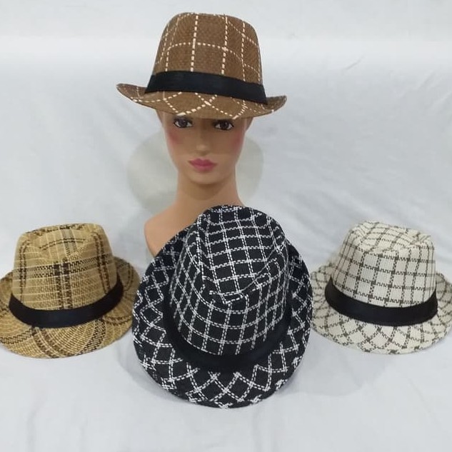 Topi Fedora Panama Anyam Corak Warna /Topi Floppy Pantai Hat Dewasa