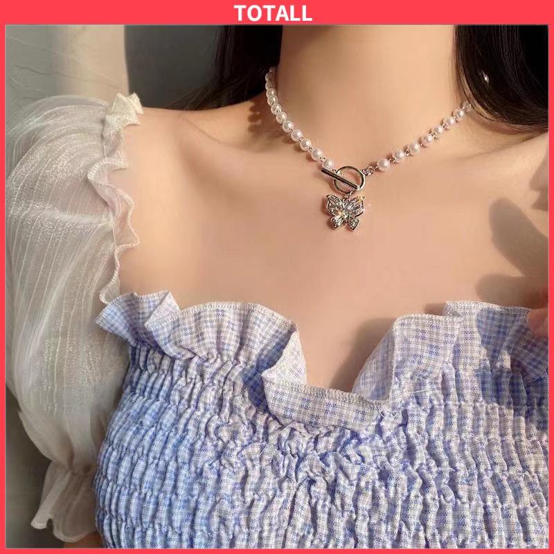 COD Fashion Mutiara Manik-manik Kalung Elegan Kupu-kupu Liontin Klavikula Kalung Aksesoris Wanita-Totall