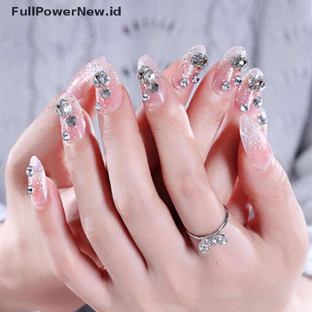24 Pcs Kuku Palsu 3d Warna Pink Transparan Aksen Berlian Imitasi Dengan Lem Untuk Pengantin