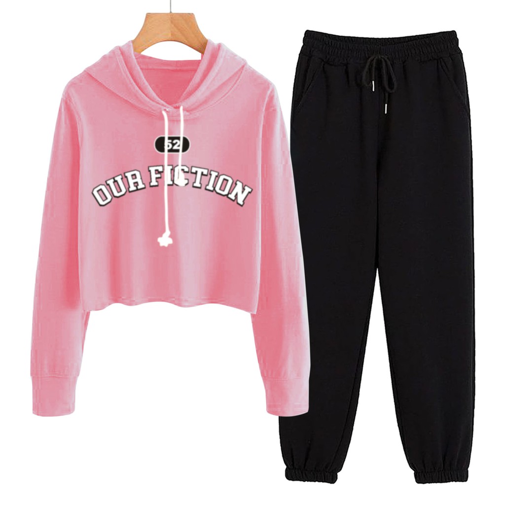 BESS - Baju Setelan Wanita Murah / Setelan Hoodie Crop + Jogger Hitam - OUR FICTION