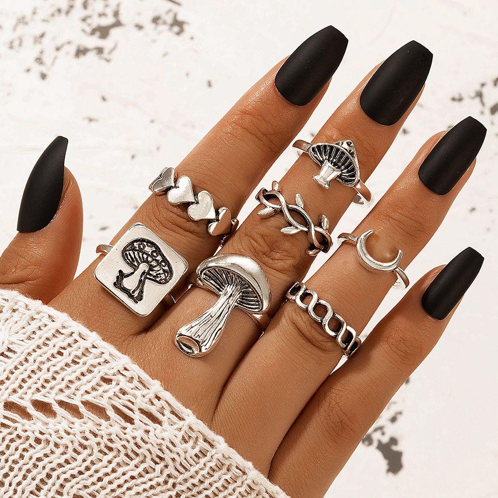 R-bunga 7 Pcs Cincin Fashion Wanita Kesederhanaan Cinta Hati Bulan Jamur Perhiasan Terbuka Cincin